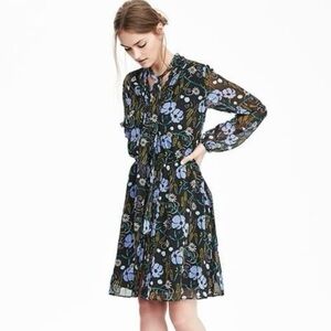 Banana Republic sheer floral tie-neck chiffon dress Lg icy blue flowers flowy